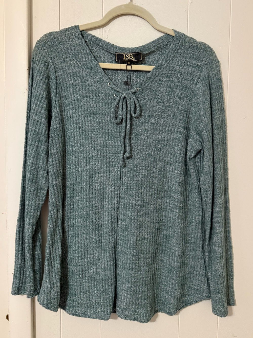 Lucky & Blessed Lace-Up Waffle Knit Top — Dusty Teal